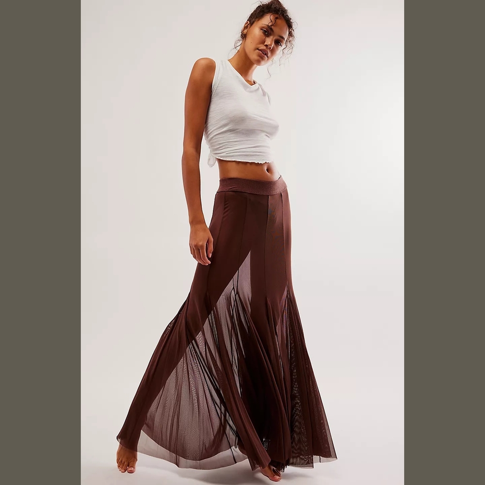 Free People GODET GIRL  Sheer Brown Maxi Skirt gr8 For Layering NWT